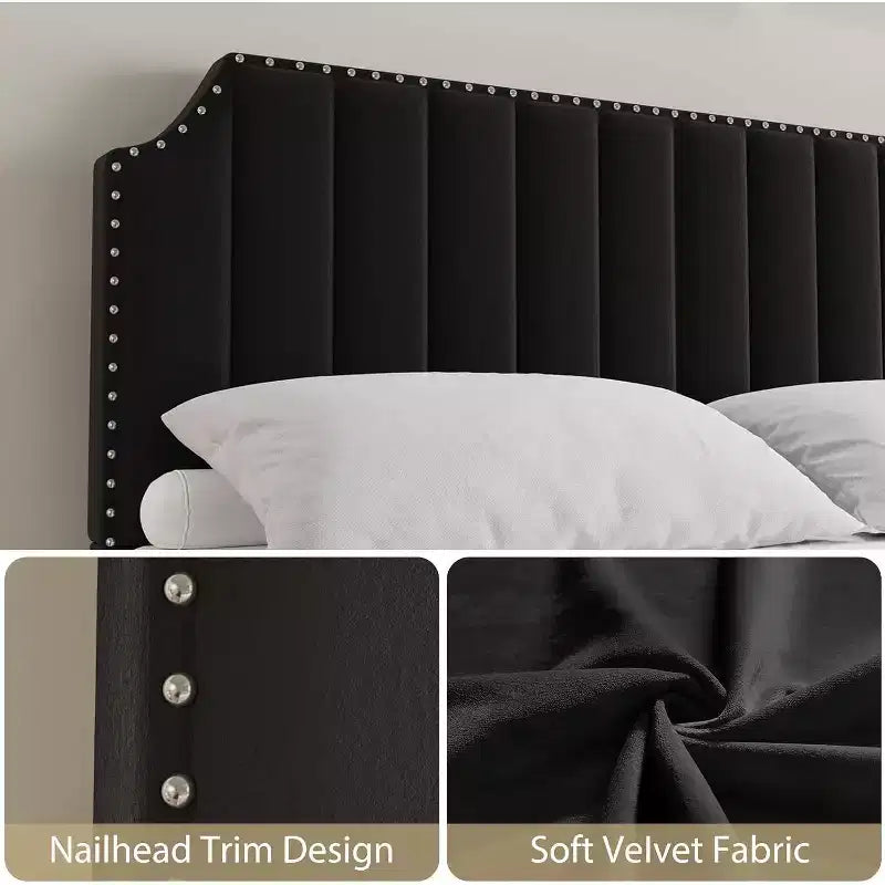 Cadre de lit plateforme Queen Size en velours avec tête et pied de lit touffetés à canaux de 50,2" de hauteur, garniture cloutée, gris