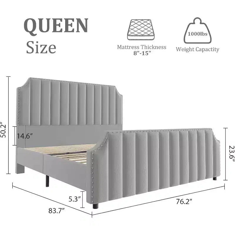 Cadre de lit plateforme Queen Size en velours avec tête et pied de lit touffetés à canaux de 50,2" de hauteur, garniture cloutée, gris