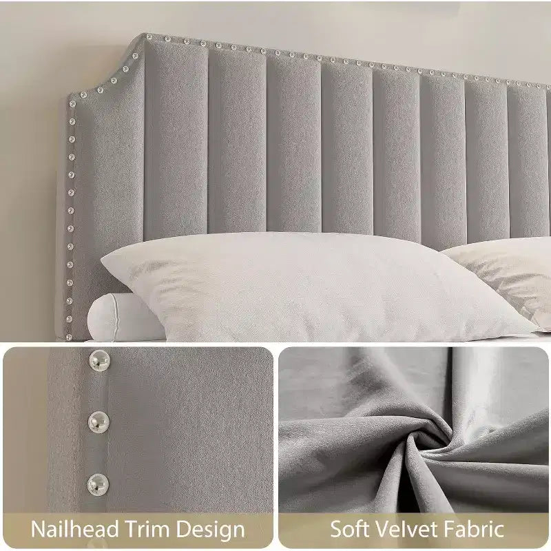 Cadre de lit plateforme Queen Size en velours avec tête et pied de lit touffetés à canaux de 50,2" de hauteur, garniture cloutée, gris