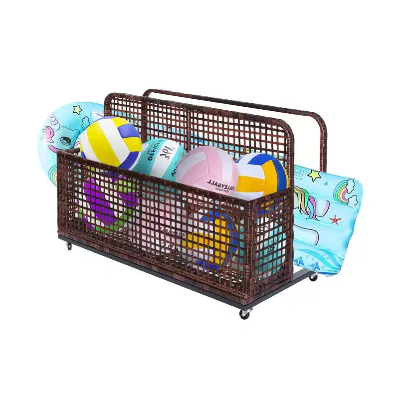 Bac de rangement de piscine d'extérieur en rotin PE tressé à la main, avec roues pivotantes et étagères latérales pliantes, gris