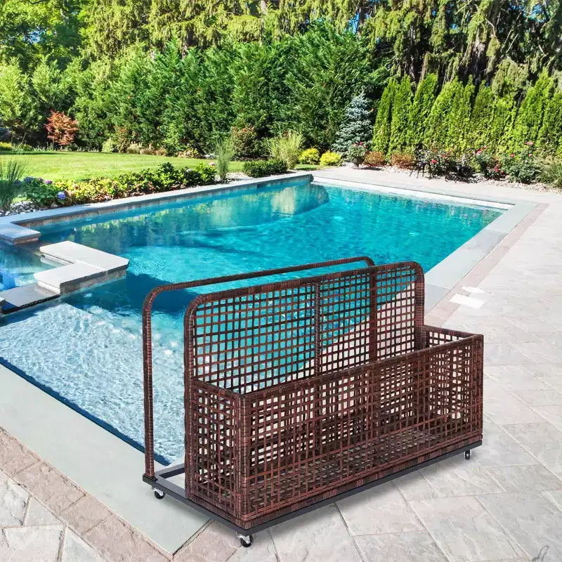 Bac de rangement de piscine d'extérieur en rotin PE tressé à la main, avec roues pivotantes et étagères latérales pliantes, gris