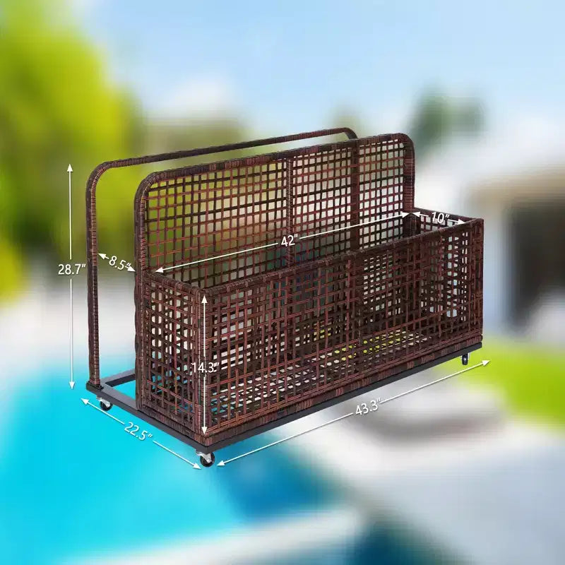Bac de rangement de piscine d'extérieur en rotin PE tressé à la main, avec roues pivotantes et étagères latérales pliantes, gris