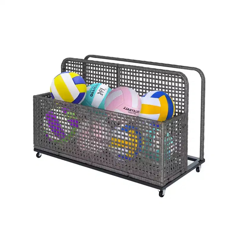 Bac de rangement de piscine d'extérieur en rotin PE tressé à la main, avec roues pivotantes et étagères latérales pliantes, gris