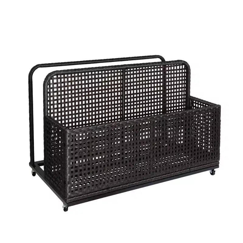 Bac de rangement de piscine d'extérieur en rotin PE tressé à la main, avec roues pivotantes et étagères latérales pliantes, gris