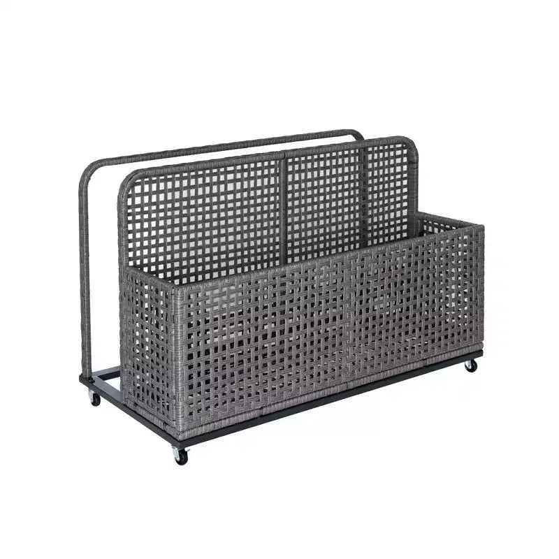 Bac de rangement de piscine d'extérieur en rotin PE tressé à la main, avec roues pivotantes et étagères latérales pliantes, gris