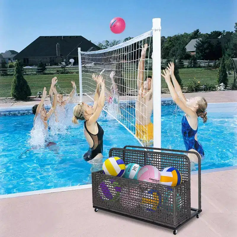 Bac de rangement de piscine d'extérieur en rotin PE tressé à la main, avec roues pivotantes et étagères latérales pliantes, gris