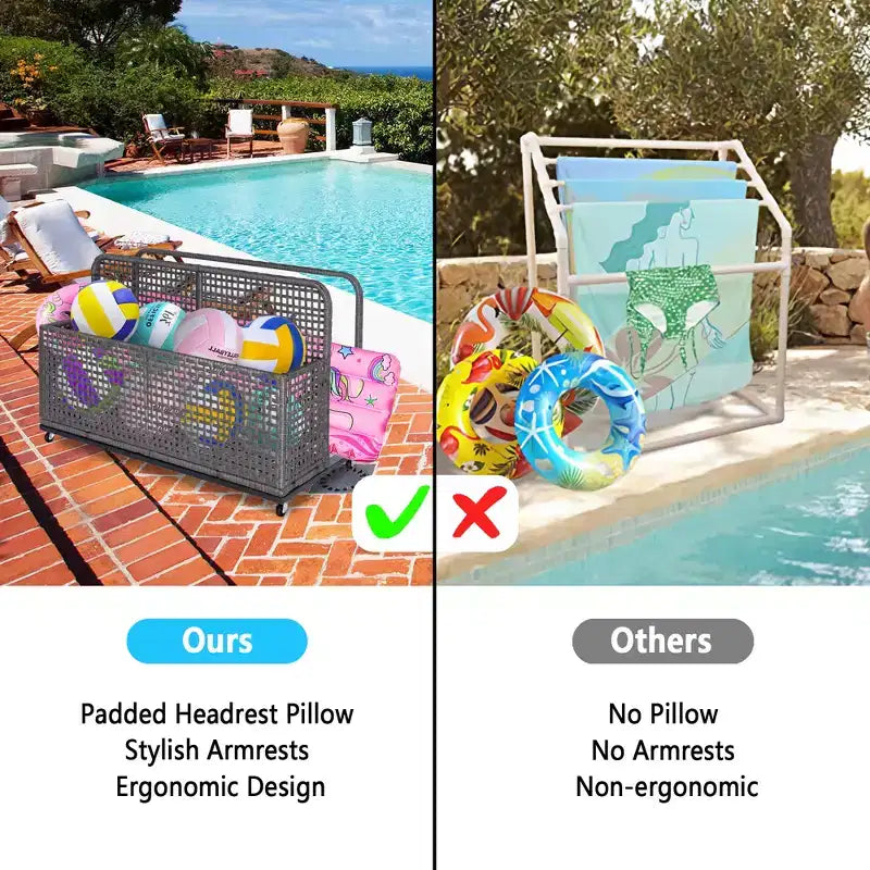 Bac de rangement de piscine d'extérieur en rotin PE tressé à la main, avec roues pivotantes et étagères latérales pliantes, gris