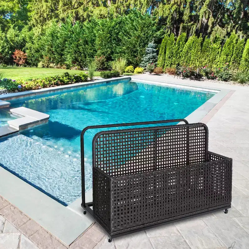 Bac de rangement de piscine d'extérieur en rotin PE tressé à la main, avec roues pivotantes et étagères latérales pliantes, gris