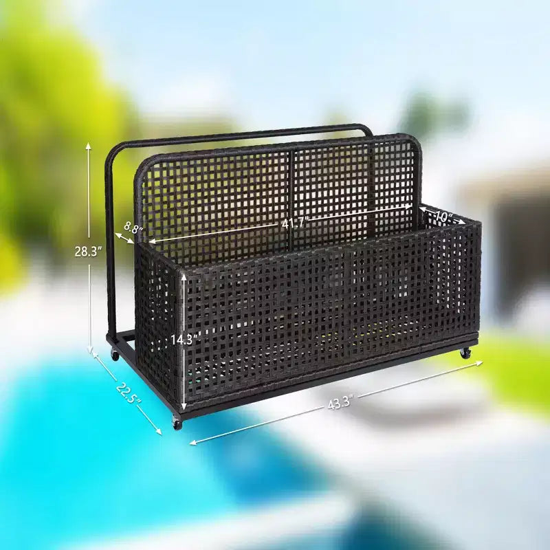 Bac de rangement de piscine d'extérieur en rotin PE tressé à la main, avec roues pivotantes et étagères latérales pliantes, gris