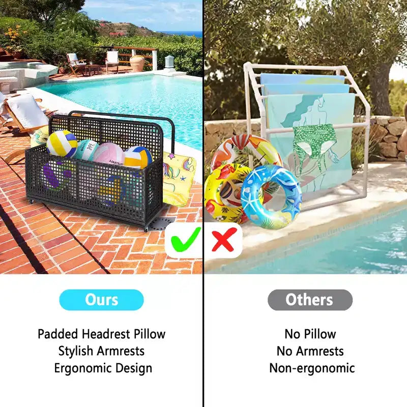 Bac de rangement de piscine d'extérieur en rotin PE tressé à la main, avec roues pivotantes et étagères latérales pliantes, gris