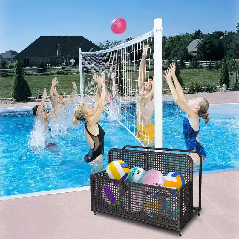 Bac de rangement de piscine d'extérieur en rotin PE tressé à la main, avec roues pivotantes et étagères latérales pliantes, gris