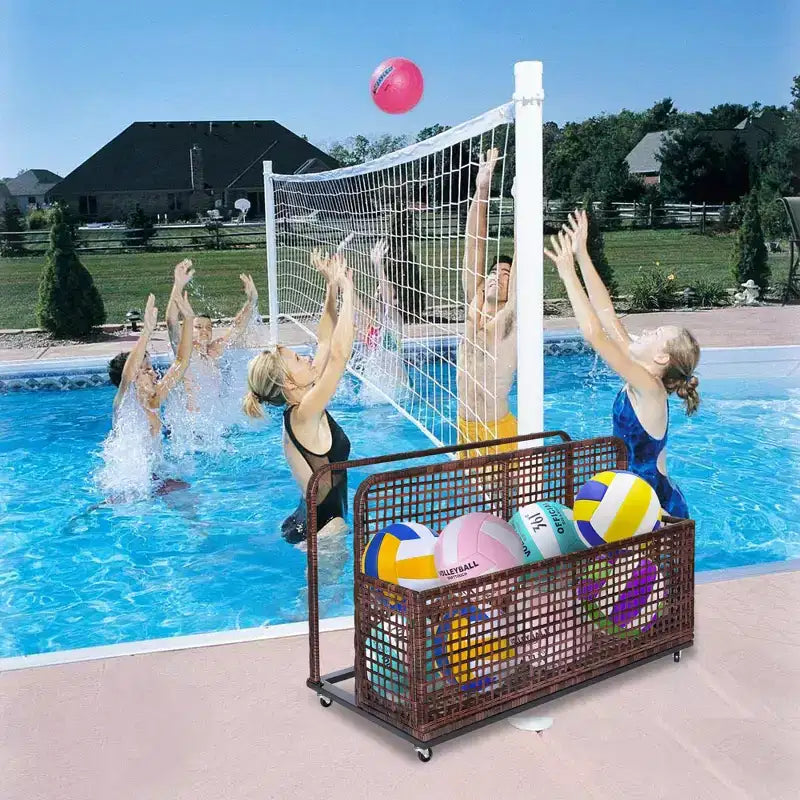 Bac de rangement de piscine d'extérieur en rotin PE tressé à la main, avec roues pivotantes et étagères latérales pliantes, gris