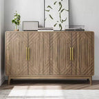 Mid-Century Modern Sideboard Buffet, 4-Door Engineered Wood Credenza with Carved Geometric Pattern & Gold Handles - Panipeachy