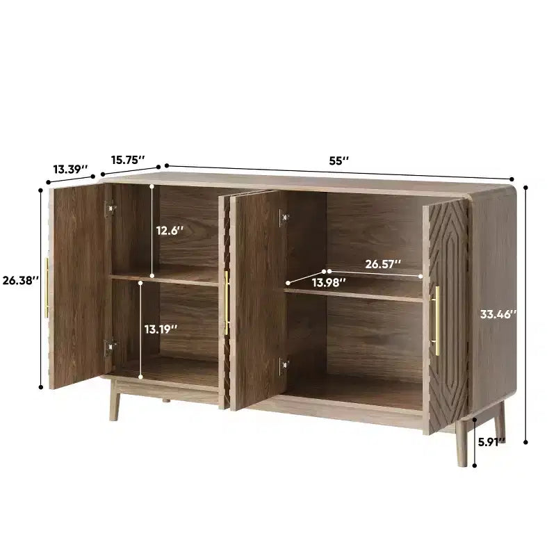 Buffet en noyer Mid-Century Modern avec 4 portes, motifs géométriques sculptés et poignées dorées