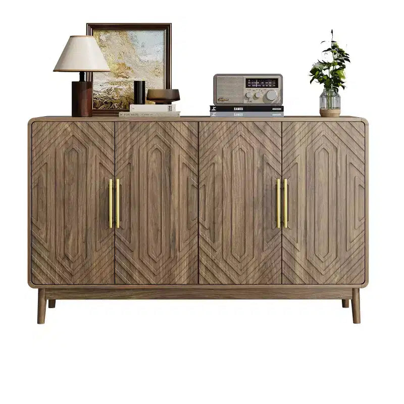 Buffet en noyer Mid-Century Modern avec 4 portes, motifs géométriques sculptés et poignées dorées