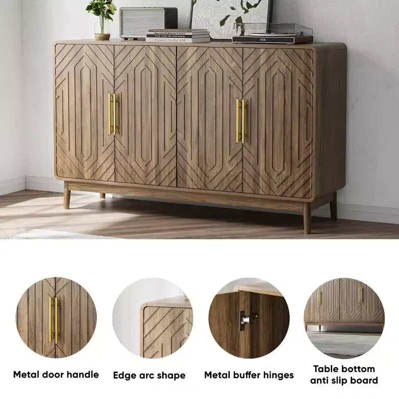Buffet en noyer Mid-Century Modern avec 4 portes, motifs géométriques sculptés et poignées dorées