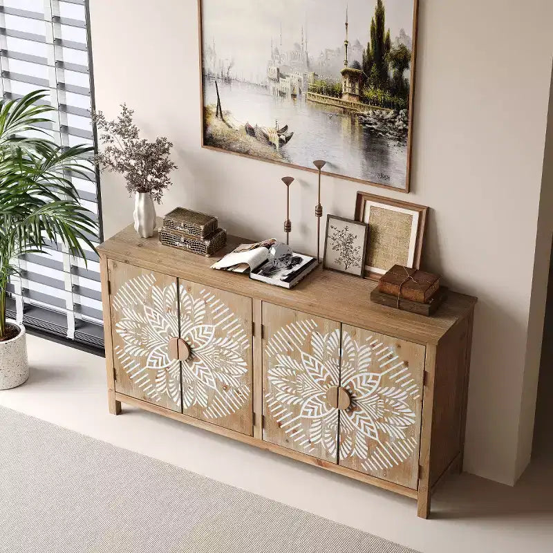 Bahut buffet marron bohème avec 4 portes et motif mandala floral blanc, 152 cm de large