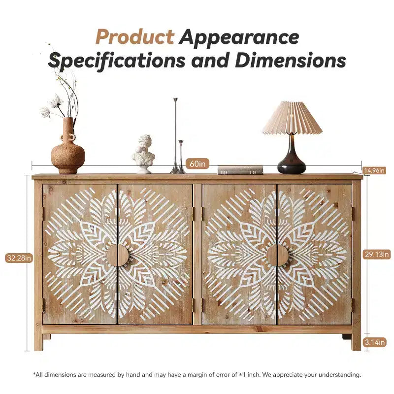 Bahut buffet marron bohème avec 4 portes et motif mandala floral blanc, 152 cm de large