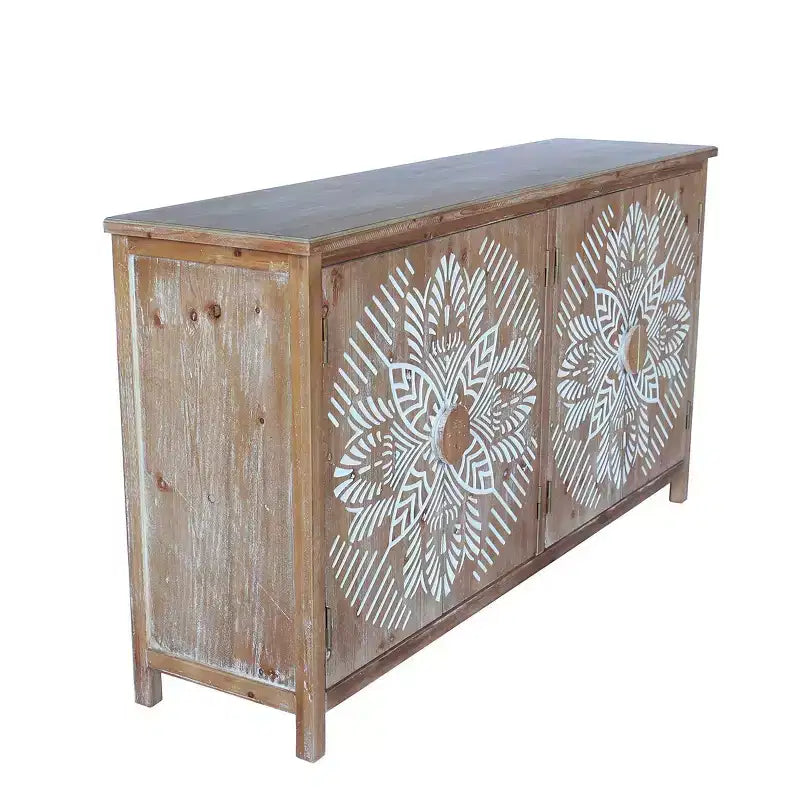 Bahut buffet marron bohème avec 4 portes et motif mandala floral blanc, 152 cm de large
