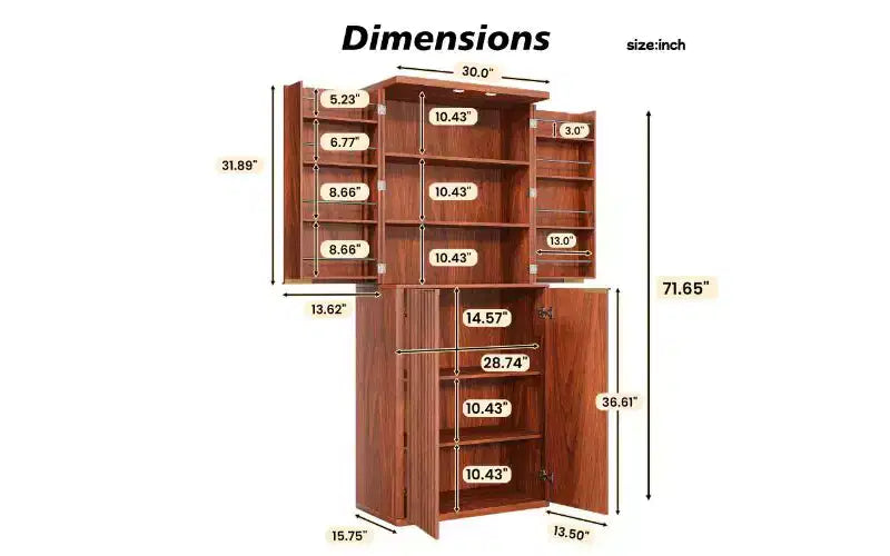 Armoire de cuisine haute à cannelures avec 6 étagères, dispositif anti-basculement et panneaux texturés ondulés, 183 cm H