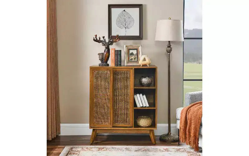 TUYOHW Modern Vintage Charm Rattan Sideboard Cabinet, MDF Storage Cabinet with 3 Open Tiers & 2 Adjustable Hidden Shelves, Buffet Cabinet for Entryway