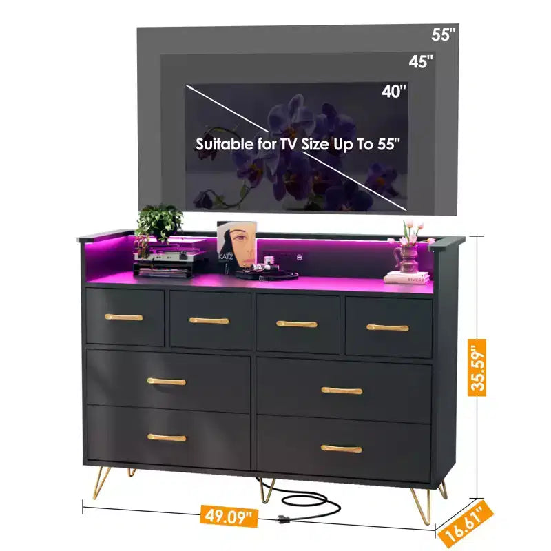 Commode 8 tiroirs avec prise de courant, lumières LED et poignées dorées, commode moderne en bois, blanche