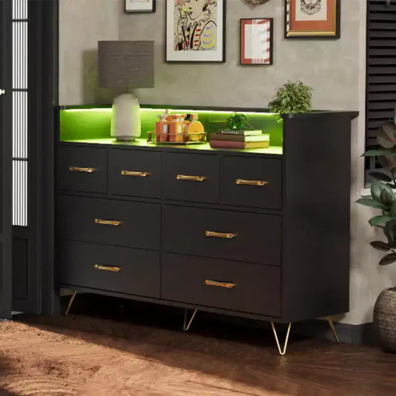 Commode 8 tiroirs avec prise de courant, lumières LED et poignées dorées, commode moderne en bois, blanche