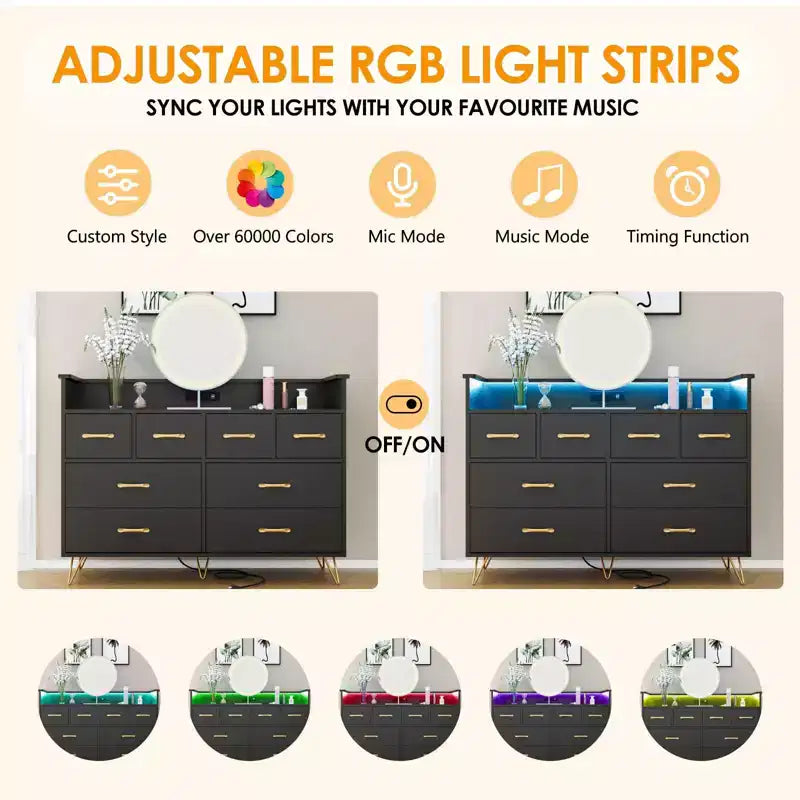 Commode 8 tiroirs avec prise de courant, lumières LED et poignées dorées, commode moderne en bois, blanche