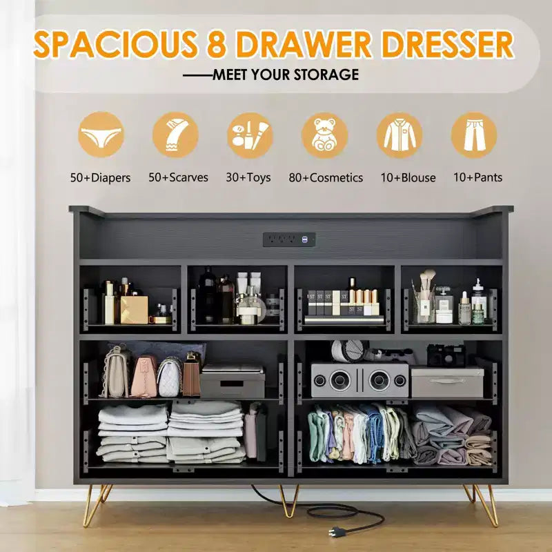 Commode 8 tiroirs avec prise de courant, lumières LED et poignées dorées, commode moderne en bois, blanche