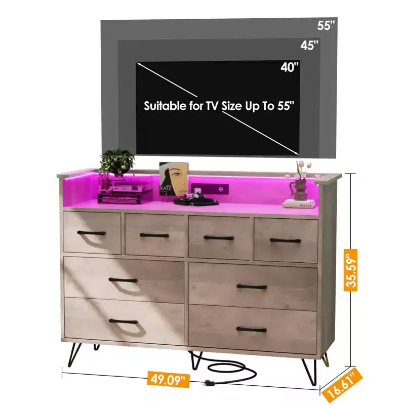 Commode 8 tiroirs avec prise de courant, lumières LED et poignées dorées, commode moderne en bois, blanche
