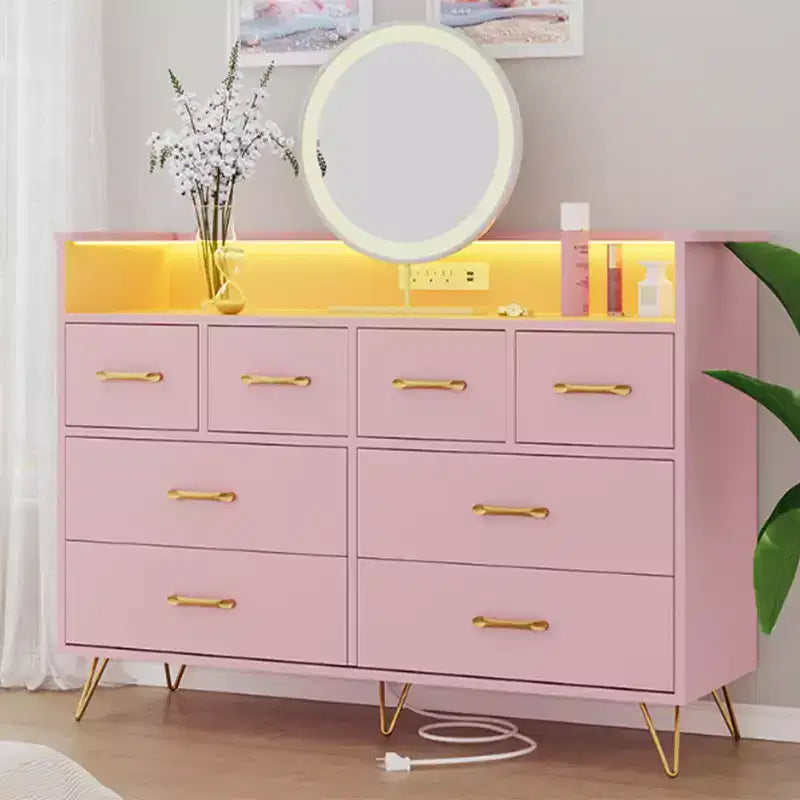 Commode 8 tiroirs avec prise de courant, lumières LED et poignées dorées, commode moderne en bois, blanche