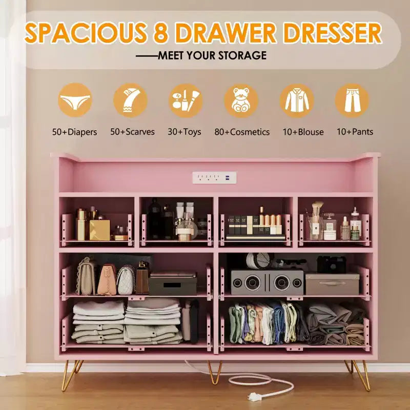 Commode 8 tiroirs avec prise de courant, lumières LED et poignées dorées, commode moderne en bois, blanche