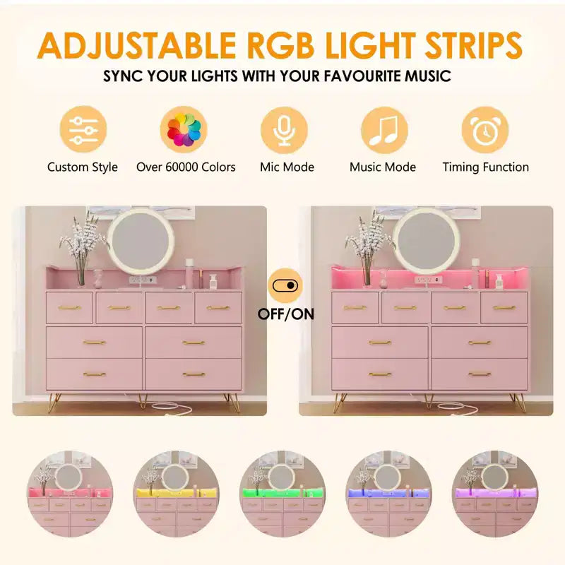 Commode 8 tiroirs avec prise de courant, lumières LED et poignées dorées, commode moderne en bois, blanche