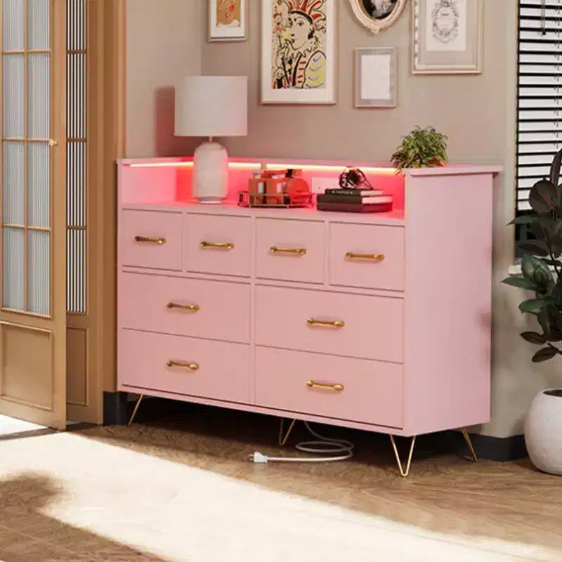 Commode 8 tiroirs avec prise de courant, lumières LED et poignées dorées, commode moderne en bois, blanche