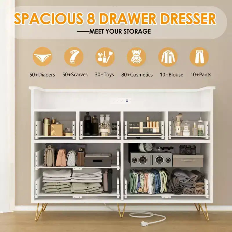 Commode 8 tiroirs avec prise de courant, lumières LED et poignées dorées, commode moderne en bois, blanche