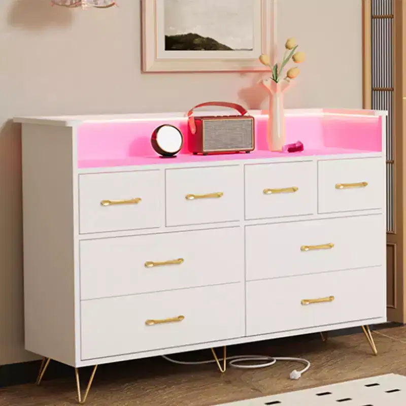 Commode 8 tiroirs avec prise de courant, lumières LED et poignées dorées, commode moderne en bois, blanche