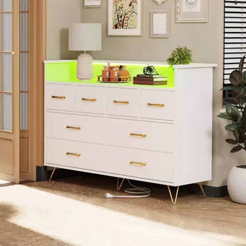 Commode 8 tiroirs avec prise de courant, lumières LED et poignées dorées, commode moderne en bois, blanche