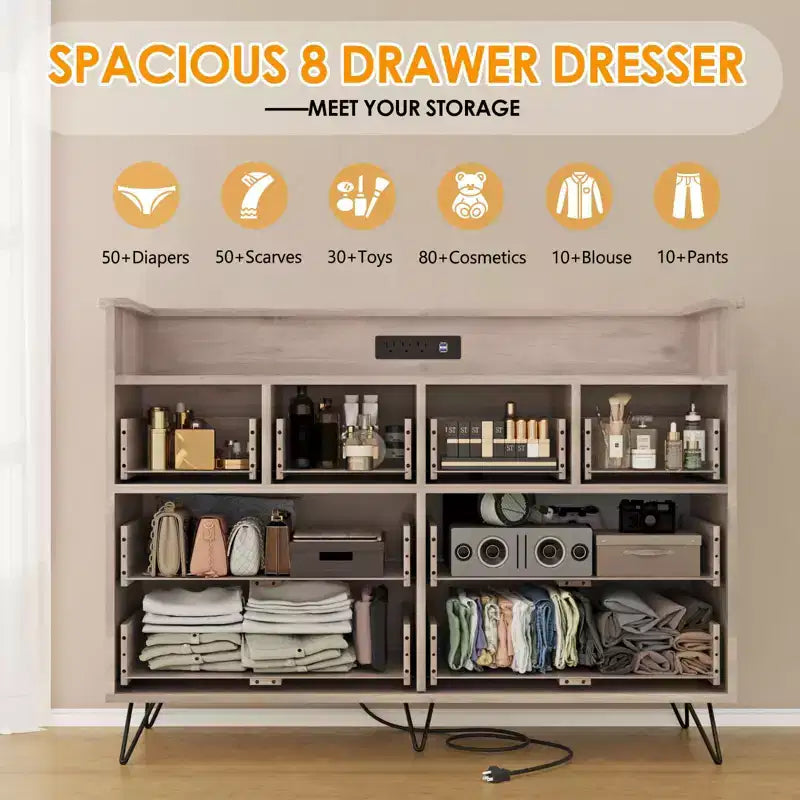 Commode 8 tiroirs avec prise de courant, lumières LED et poignées dorées, commode moderne en bois, blanche