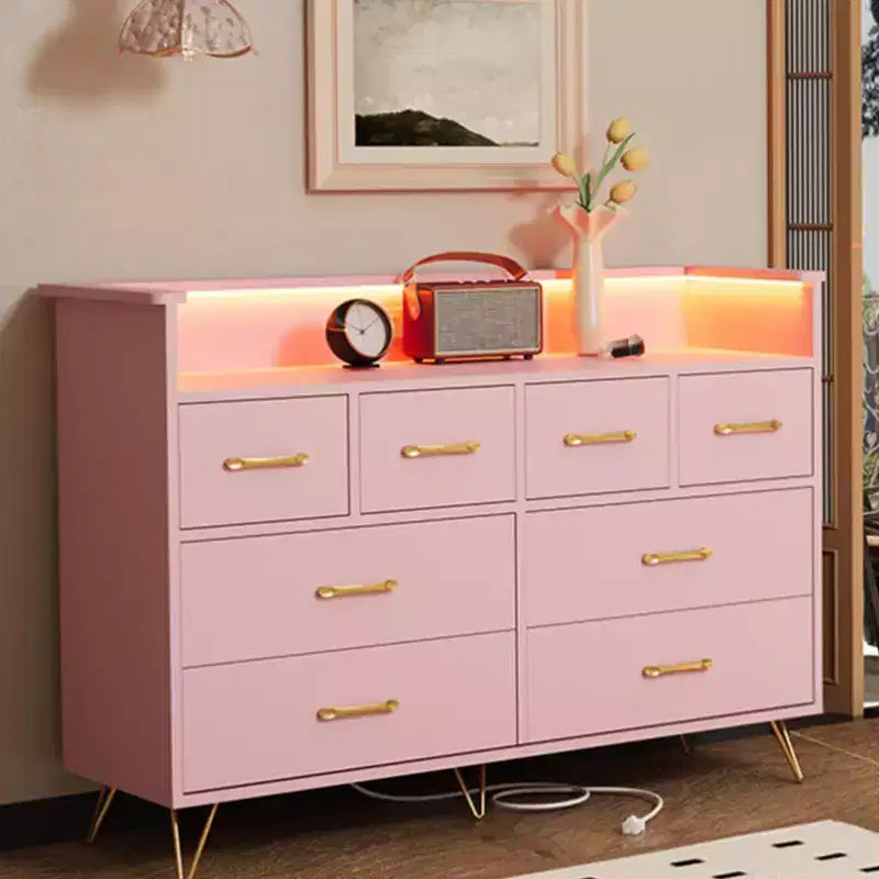 Commode 8 tiroirs avec prise de courant, lumières LED et poignées dorées, commode moderne en bois, blanche