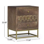 Table de chevet à 3 tiroirs en bois de manguier avec motif écaille de poisson doré et pieds en fer, style moderne du milieu du siècle