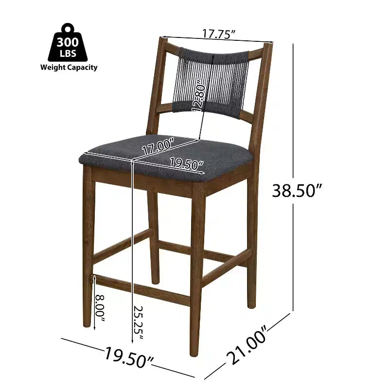 Lot de 2 tabourets de comptoir modernes en bois d'hévéa avec dossier en corde tressée, 136 kg