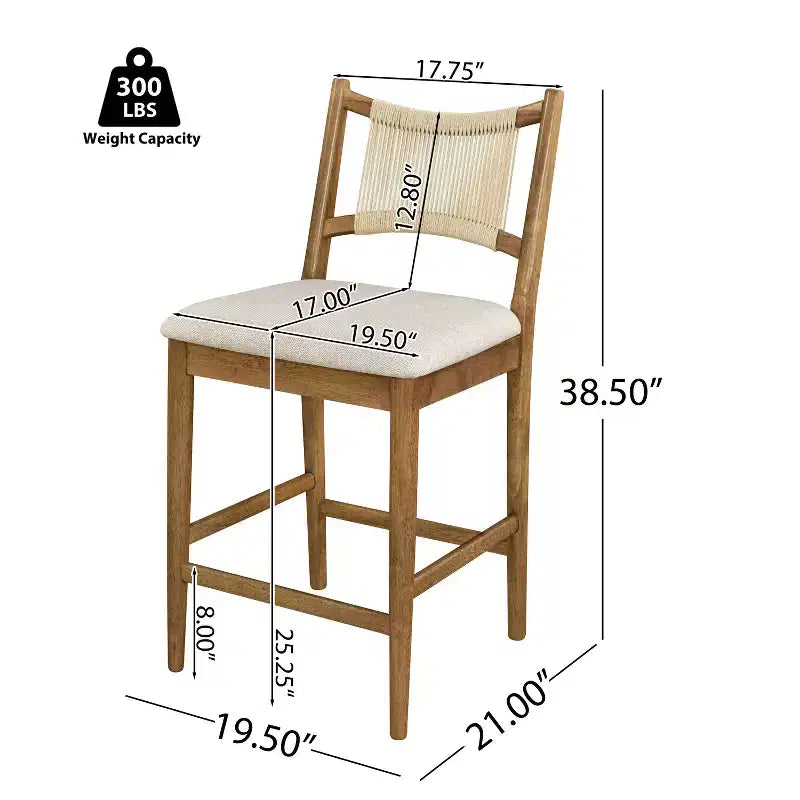 Lot de 2 tabourets de comptoir modernes en bois d'hévéa avec dossier en corde tressée, 136 kg