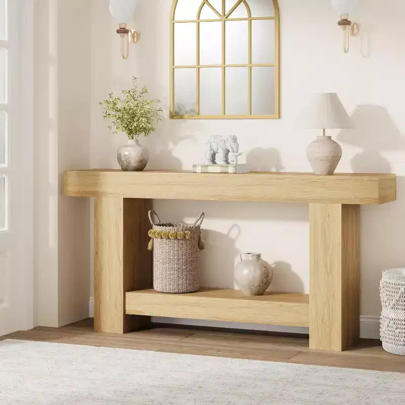 Table console de ferme 63" avec base en H à 2 niveaux et étagère inférieure, blanc