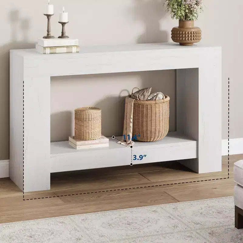 Table console de ferme 63" avec base en H à 2 niveaux et étagère inférieure, blanc