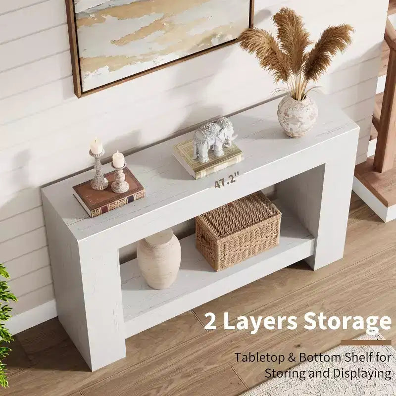 Table console de ferme 63" avec base en H à 2 niveaux et étagère inférieure, blanc