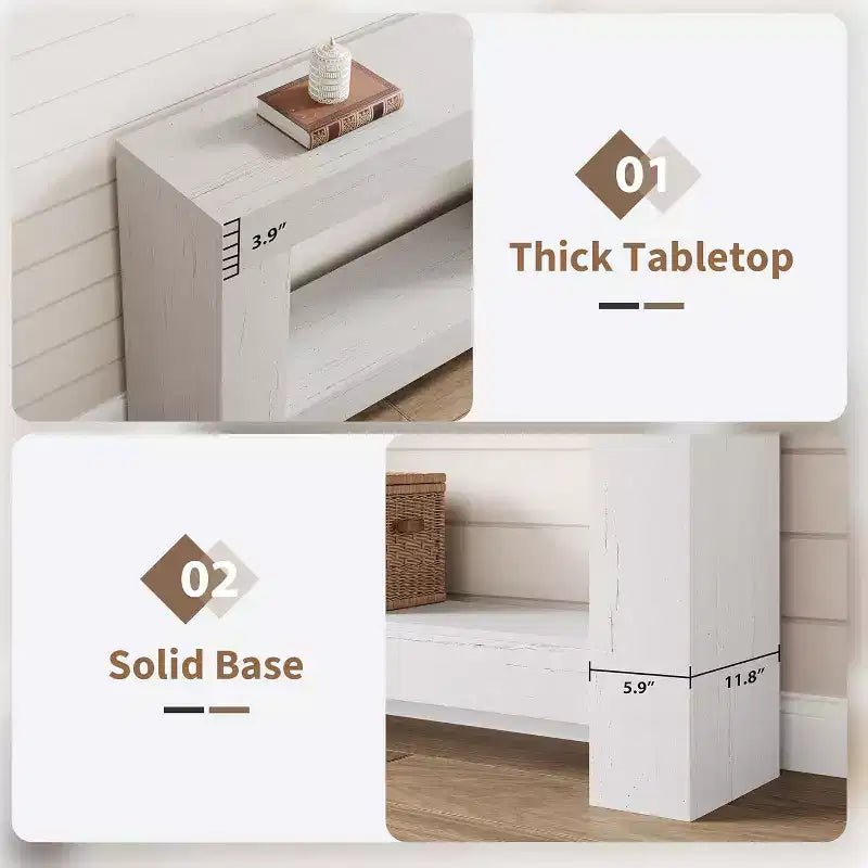 Table console de ferme 63" avec base en H à 2 niveaux et étagère inférieure, blanc