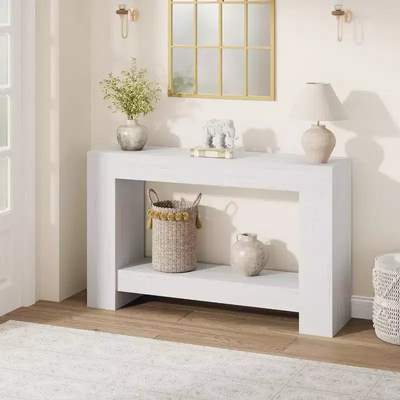 Table console de ferme 63" avec base en H à 2 niveaux et étagère inférieure, blanc