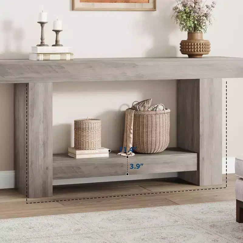 Table console de ferme 63" avec base en H à 2 niveaux et étagère inférieure, blanc