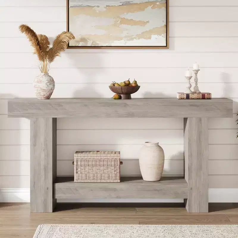 Table console de ferme 63" avec base en H à 2 niveaux et étagère inférieure, blanc