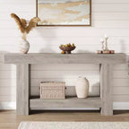 Table console de ferme 63" avec base en H à 2 niveaux et étagère inférieure, blanc